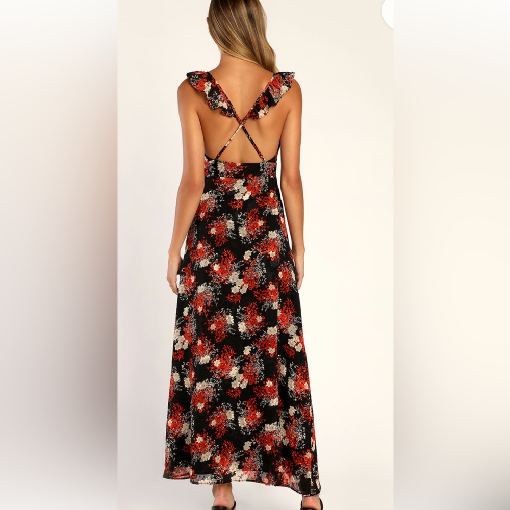 Lulus Loving Moments Black Floral Print Burnout Ruffled Maxi Dress! Lightweight